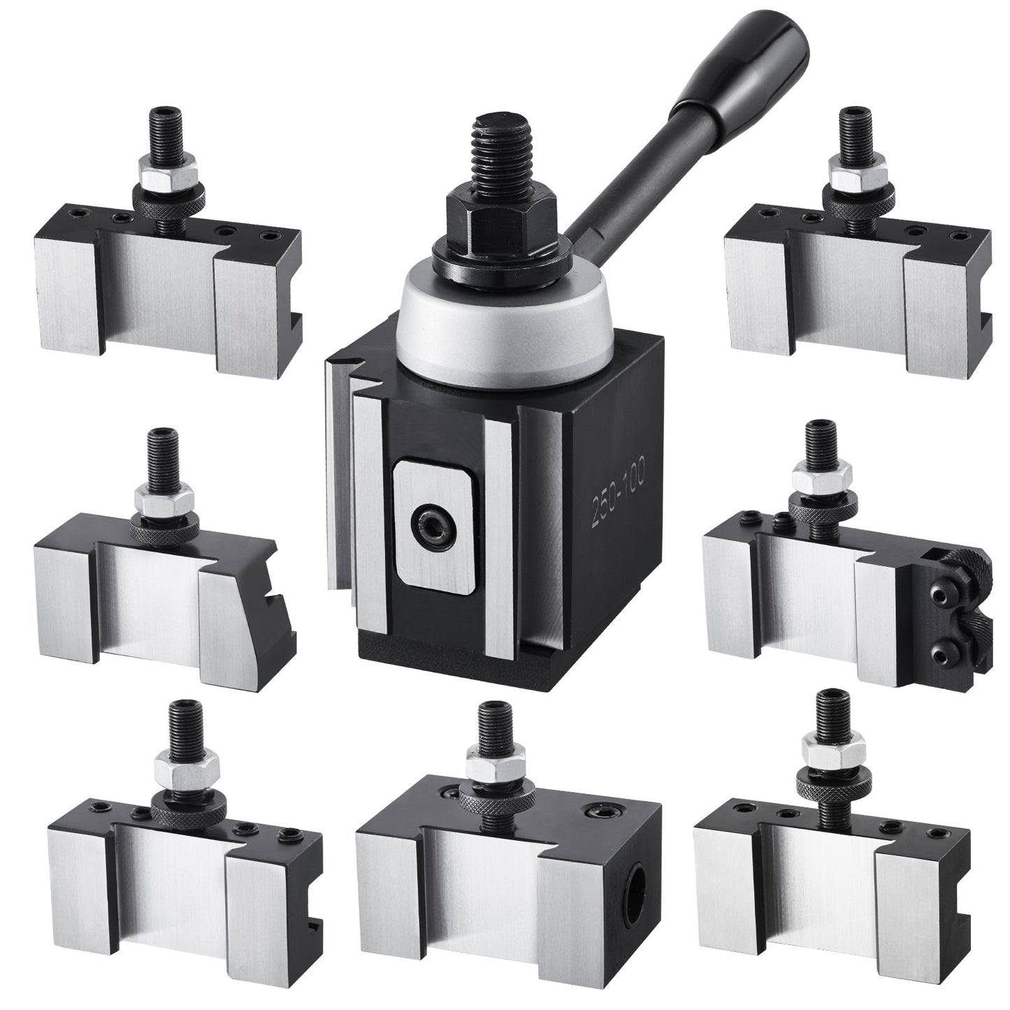 Snabbväxlingsverktygsstolpe, 8 delar, inkluderar svarvhållare, kilformad verktygsstolpe med tillbehör till svarvverktygshållare, passar för minisvarv och metallsvarv 152–305 mm (6"–12") sväng, hållbart stålmaterial