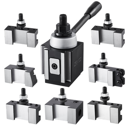 Snabbväxlingsverktygsstolpe, 8 delar, inkluderar svarvhållare, kilformad verktygsstolpe med tillbehör till svarvverktygshållare, passar för minisvarv och metallsvarv 152–305 mm (6"–12") sväng, hållbart stålmaterial