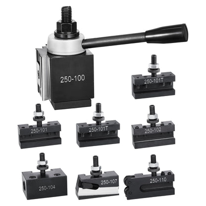 Snabbväxlingsverktygsstolpe, 8 delar, inkluderar svarvhållare, kilformad verktygsstolpe med tillbehör till svarvverktygshållare, passar för minisvarv och metallsvarv 152–305 mm (6"–12") sväng, hållbart stålmaterial