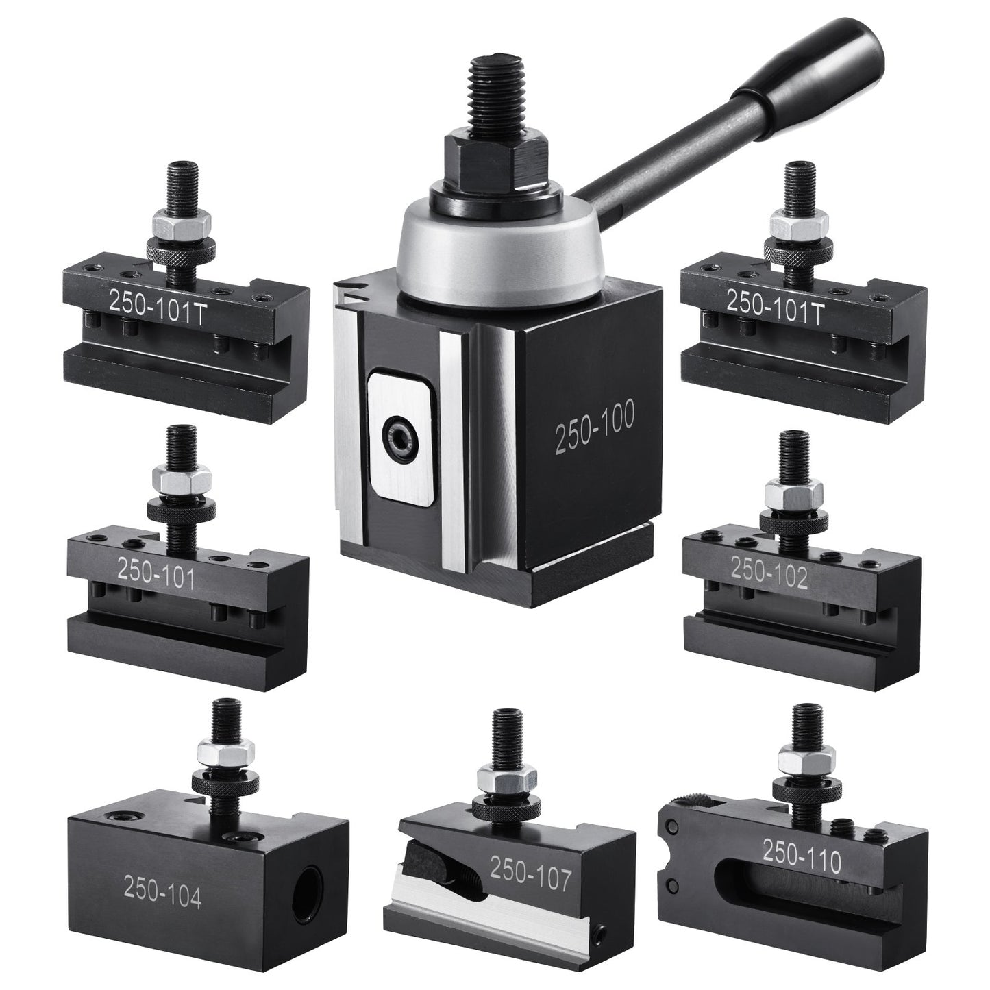 Snabbväxlingsverktygsstolpe, 8 delar, inkluderar svarvhållare, kilformad verktygsstolpe med tillbehör till svarvverktygshållare, passar för minisvarv och metallsvarv 152–305 mm (6"–12") sväng, hållbart stålmaterial