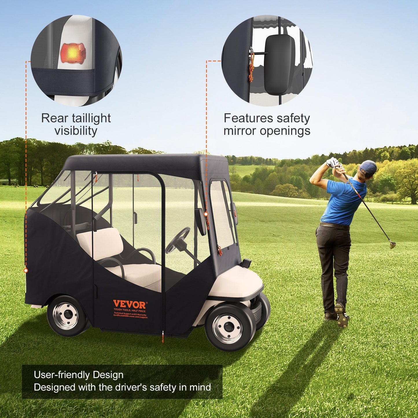 Golf Cart Enclosure, Fit for 2 Passengers EZGO TXT RXV, Short Roof 59", 600D Polyester Driving Enclosure 4-Sided Transparent Windows, Club Car Covers for 2-Seater Golf Carts Sunproof Dustproof