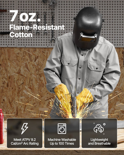 FR-svetsjacka - L-storlek, 180 g flamsäker svetsjacka i bomull, maskintvättbar värmebeständig säkerhetsjacka med metalltryckknappar och justerbar manschett, uppfyller ATPV 9,2 cal/cm² ljusbågsklassning