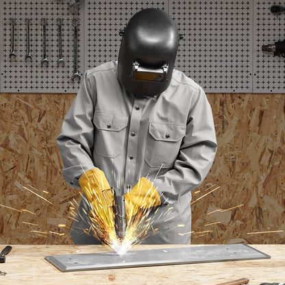 FR-svetsjacka - L-storlek, 180 g flamsäker svetsjacka i bomull, maskintvättbar värmebeständig säkerhetsjacka med metalltryckknappar och justerbar manschett, uppfyller ATPV 9,2 cal/cm² ljusbågsklassning