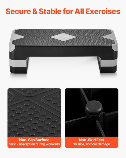 Aerobic Exercise Step Platform, 28-Inch Workout Aerobic Stepper, Height Adjustable Fitness Training Step Deck Trainer with 4 Risers, Non-Slip Surface Bench for Home Gym Cardio Strength, Gray