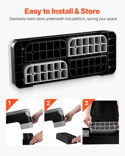 Aerobic Exercise Step Platform, 28-Inch Workout Aerobic Stepper, Height Adjustable Fitness Training Step Deck Trainer with 4 Risers, Non-Slip Surface Bench for Home Gym Cardio Strength, Gray