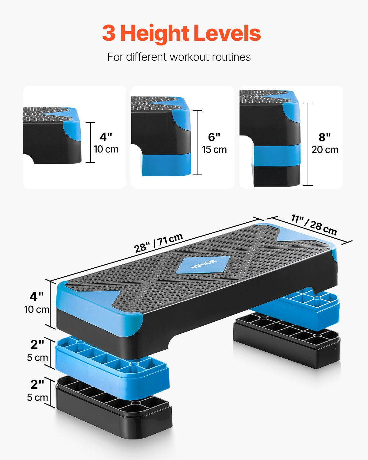 Aerobic Exercise Step Platform, 28-Inch Workout Aerobic Stepper, Height Adjustable Fitness Training Step Deck Trainer with 4 Risers, Non-Slip Surface Bench for Home Gym Cardio Strength, Blue
