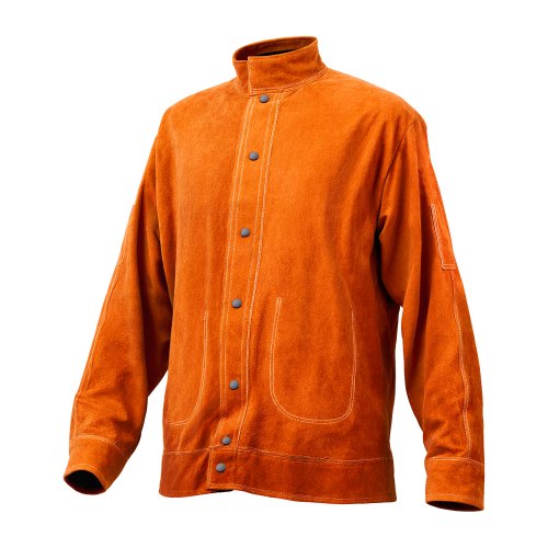 Flame-Resistant Welding Jacket - M Size, Heavy Duty Cowhide Leather Welding Jacket, Waterproof Heat-Resistant Safety Jacket with Snap Buttons, 4 Pockets & Adjustable Cuffs for Welders Steelworks