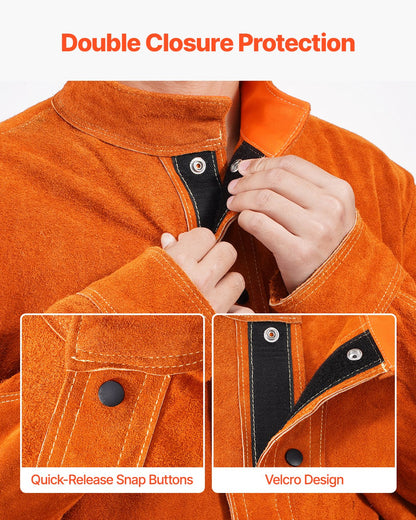 Flame-Resistant Welding Jacket - XXL Size, Heavy Duty Cowhide Leather Welding Jacket, Waterproof Heat-Resistant Safety Jacket with Snap Button, 4 Pockets & Adjustable Cuffs for Welder Steelworks