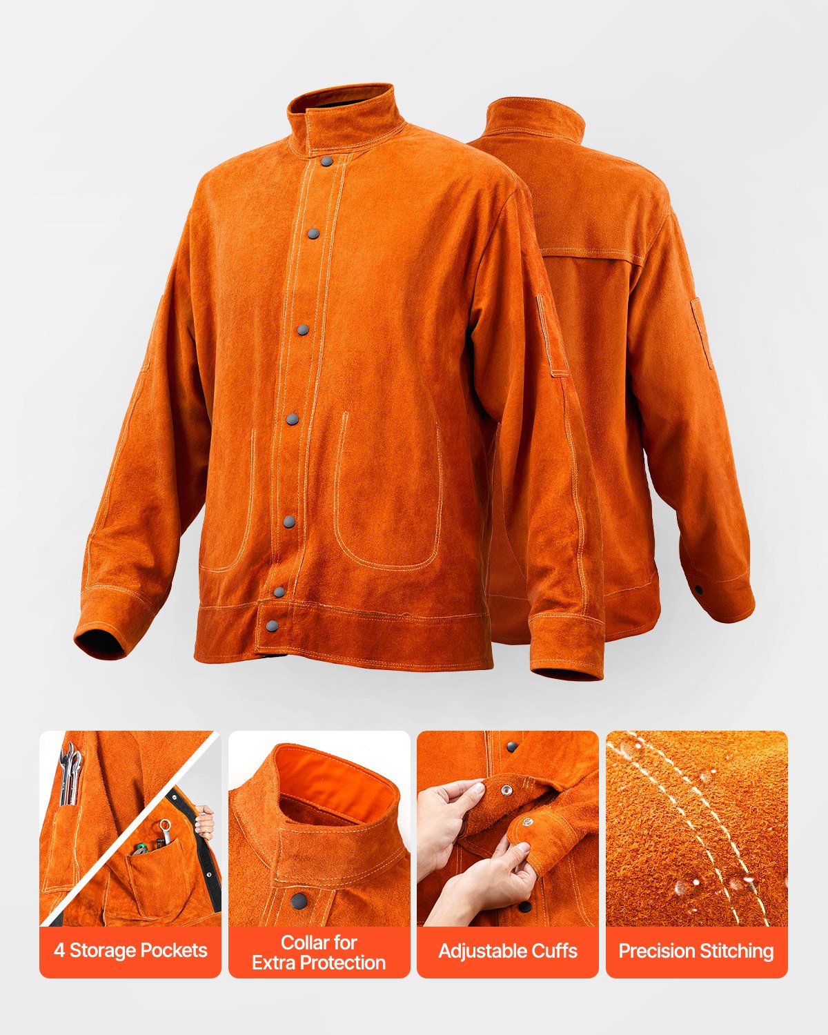 Flame-Resistant Welding Jacket - XXL Size, Heavy Duty Cowhide Leather Welding Jacket, Waterproof Heat-Resistant Safety Jacket with Snap Button, 4 Pockets & Adjustable Cuffs for Welder Steelworks
