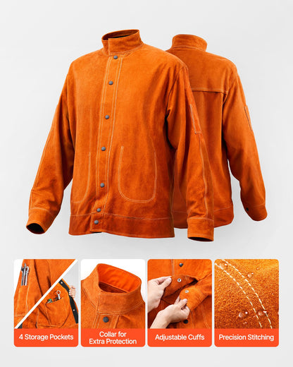 Flame-Resistant Welding Jacket - XXL Size, Heavy Duty Cowhide Leather Welding Jacket, Waterproof Heat-Resistant Safety Jacket with Snap Button, 4 Pockets & Adjustable Cuffs for Welder Steelworks