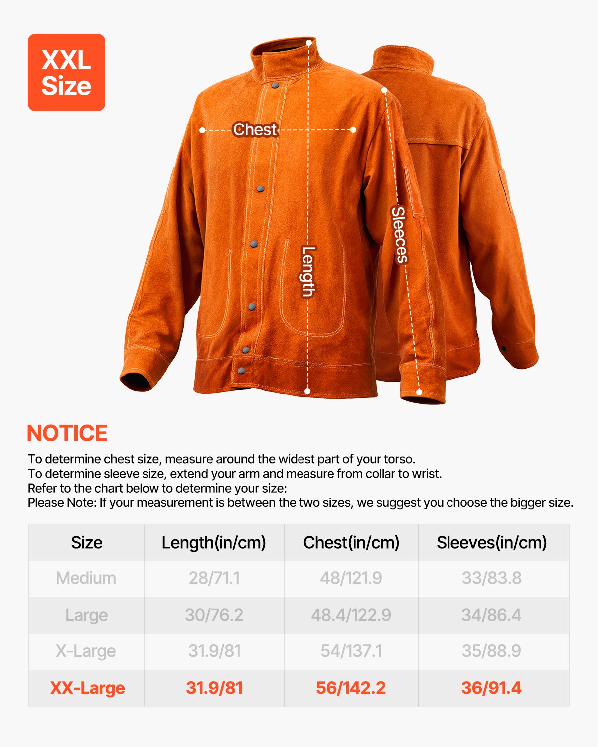 Flame-Resistant Welding Jacket - XXL Size, Heavy Duty Cowhide Leather Welding Jacket, Waterproof Heat-Resistant Safety Jacket with Snap Button, 4 Pockets & Adjustable Cuffs for Welder Steelworks