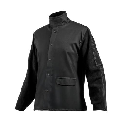 Flame-Resistant Welding Jacket - L Size, Heavy Duty Split Cowhide Leather Sleeve + 9 oz. FR Cotton Body, Heat-Resistant Welding Safety Jacket with Snap Buttons & Pockets, Ideal for Welder Fitter