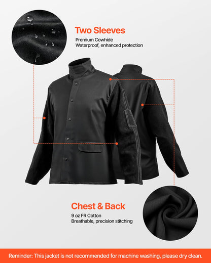 Flame-Resistant Welding Jacket - L Size, Heavy Duty Split Cowhide Leather Sleeve + 9 oz. FR Cotton Body, Heat-Resistant Welding Safety Jacket with Snap Buttons & Pockets, Ideal for Welder Fitter