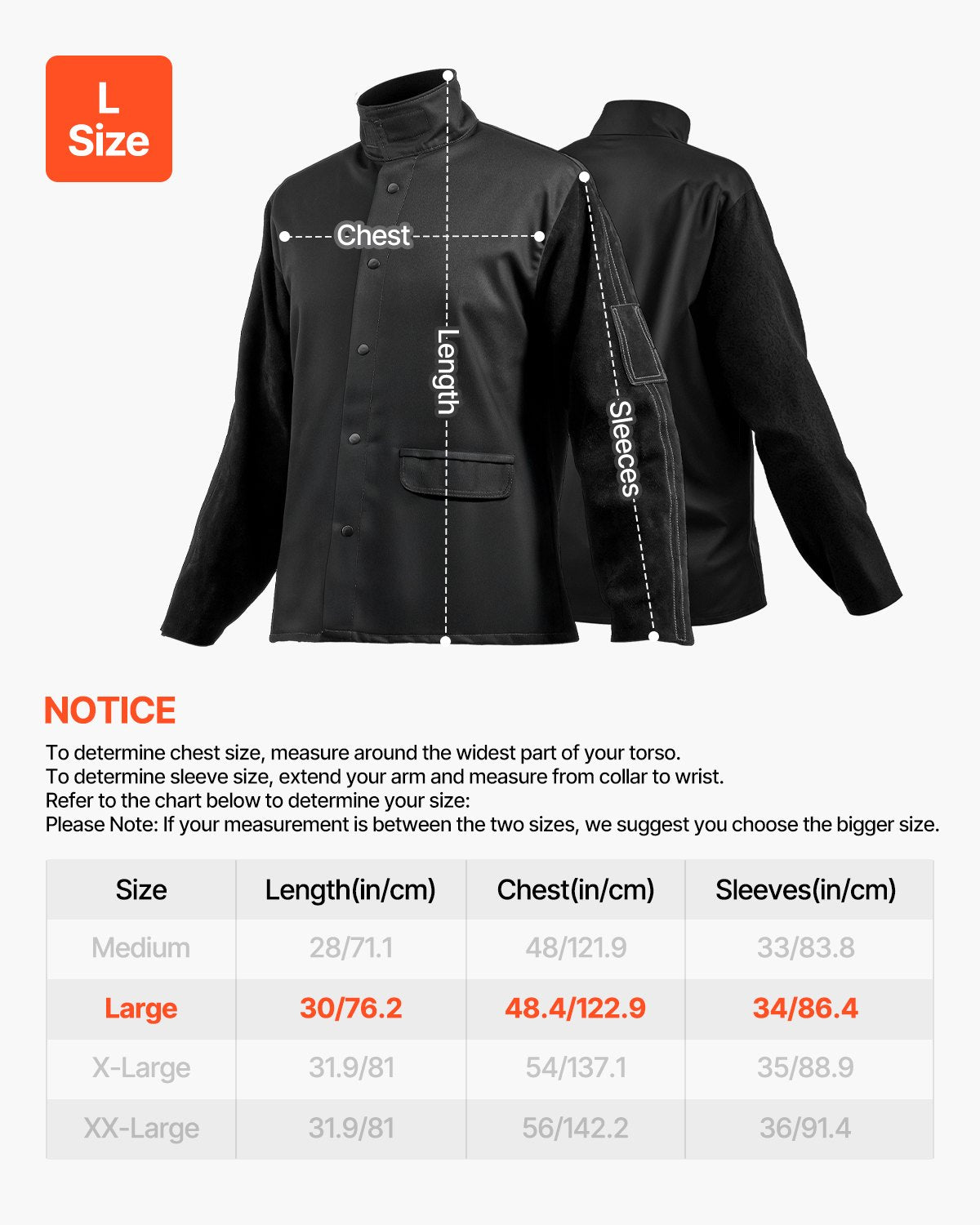 Flame-Resistant Welding Jacket - L Size, Heavy Duty Split Cowhide Leather Sleeve + 9 oz. FR Cotton Body, Heat-Resistant Welding Safety Jacket with Snap Buttons & Pockets, Ideal for Welder Fitter