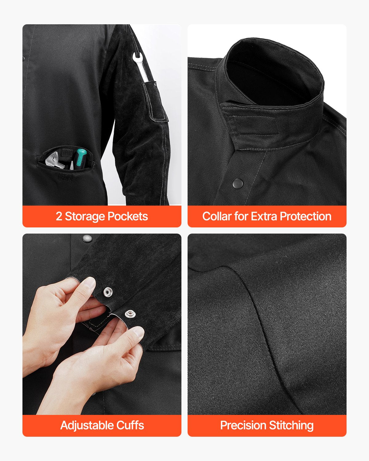 Flame-Resistant Welding Jacket - XL, Heavy Duty Split Cowhide Leather Sleeve + 9 oz. FR Cotton Body, Heat-Resistant Welding Safety Jacket with Snap Buttons & Pockets, Ideal for Welders Fitters