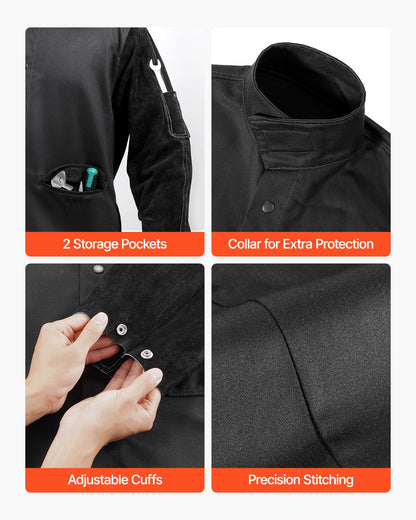 Flame-Resistant Welding Jacket - XL, Heavy Duty Split Cowhide Leather Sleeve + 9 oz. FR Cotton Body, Heat-Resistant Welding Safety Jacket with Snap Buttons & Pockets, Ideal for Welders Fitters