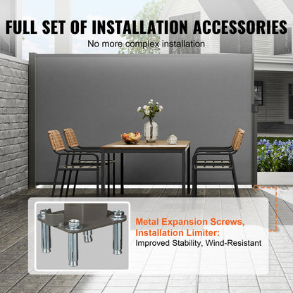 Retractable Side Awning, 63''x 118'' Outdoor Privacy Screen, 180g Polyester Water-proof Retractable Patio Screen, UV 30+ Room Divider Wind Screen for Patio, Backyard, Balcony, Gray