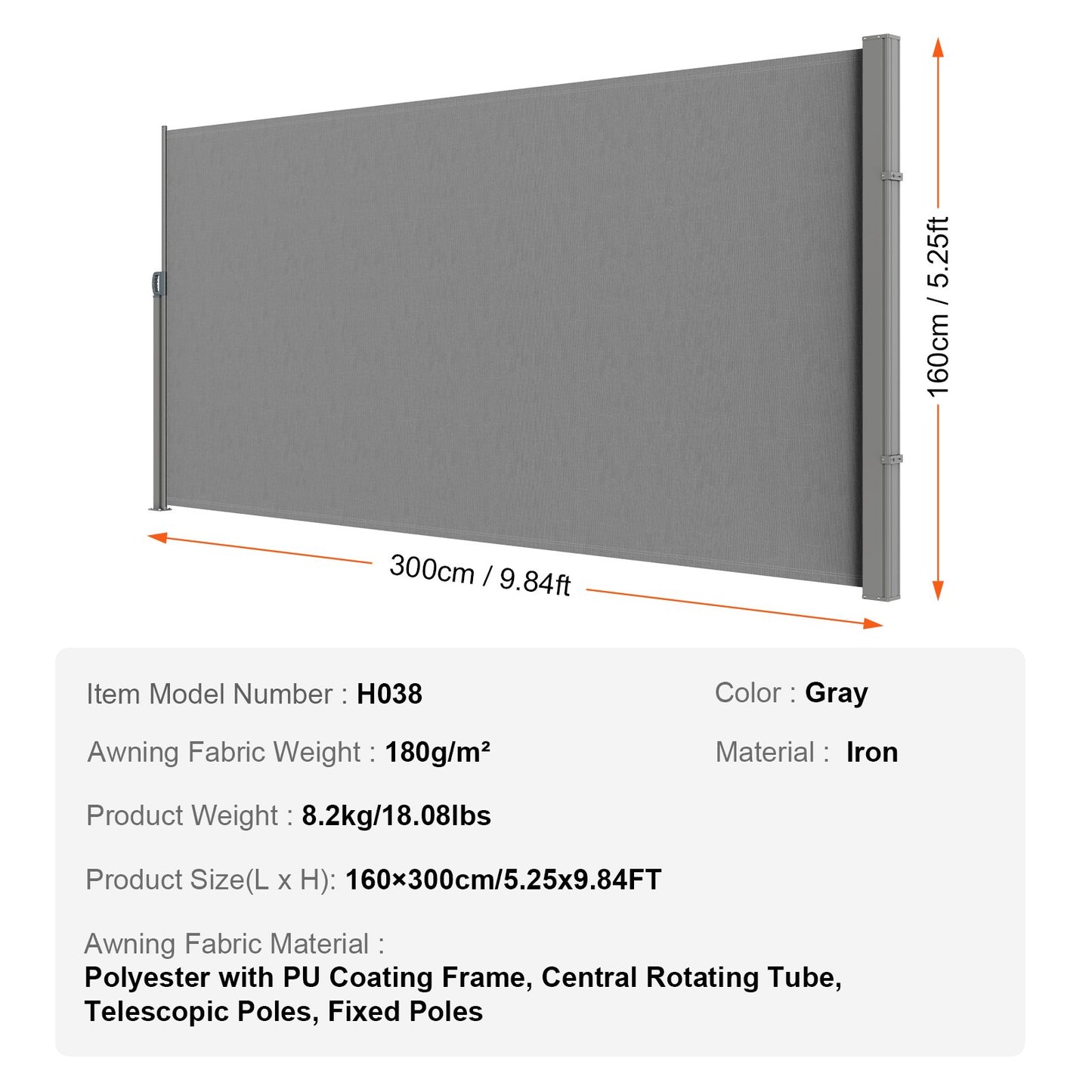 Retractable Side Awning, 63''x 118'' Outdoor Privacy Screen, 180g Polyester Water-proof Retractable Patio Screen, UV 30+ Room Divider Wind Screen for Patio, Backyard, Balcony, Gray