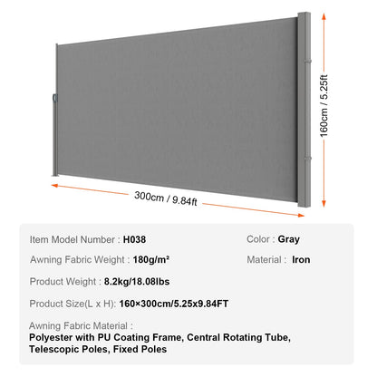 Retractable Side Awning, 63''x 118'' Outdoor Privacy Screen, 180g Polyester Water-proof Retractable Patio Screen, UV 30+ Room Divider Wind Screen for Patio, Backyard, Balcony, Gray