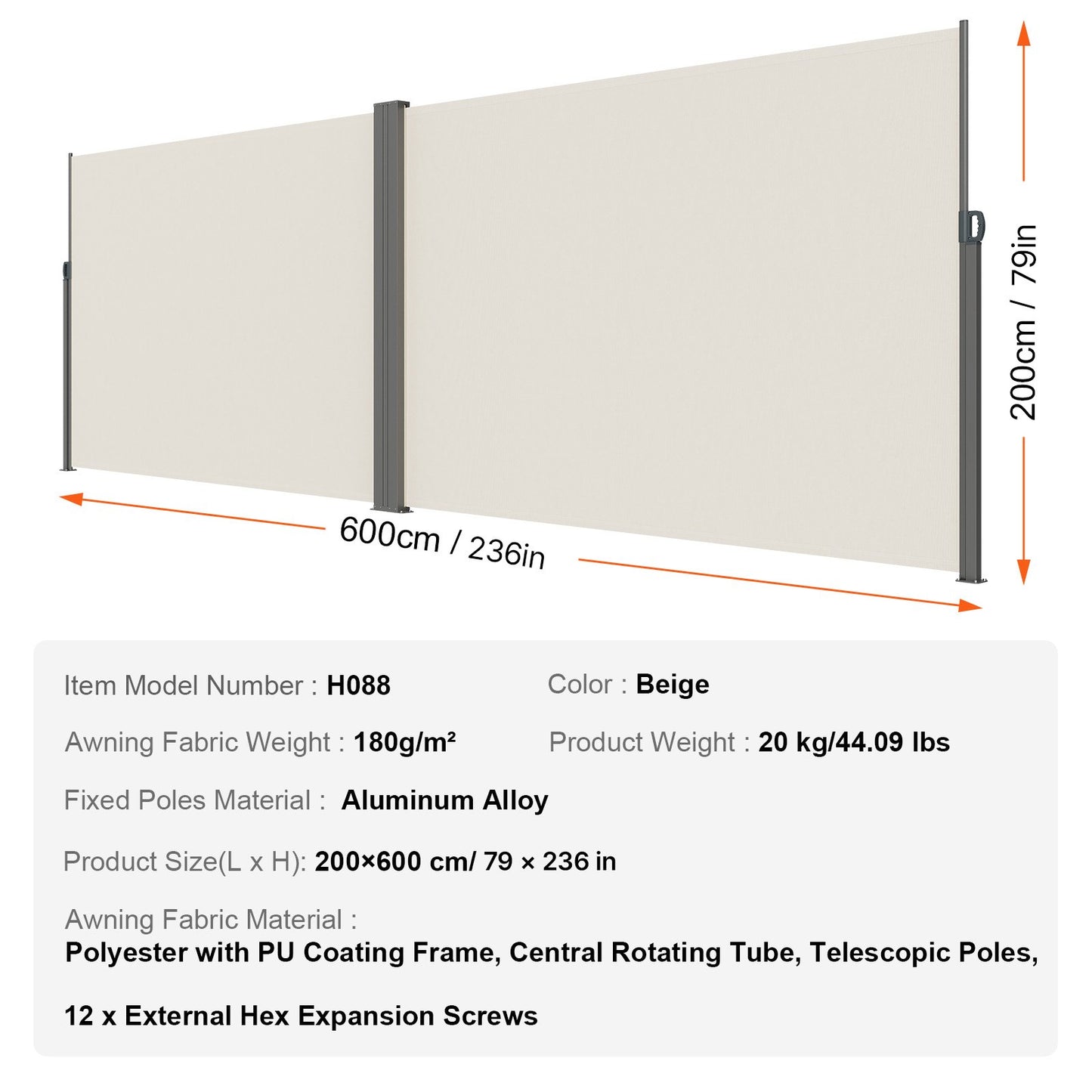 Retractable Side Awning, 79''x 236'' Outdoor Privacy Screen, 180g Polyester Water-proof Retractable Patio Screen, UV 30+ Room Divider Wind Screen for Patio, Backyard, Balcony, Beige