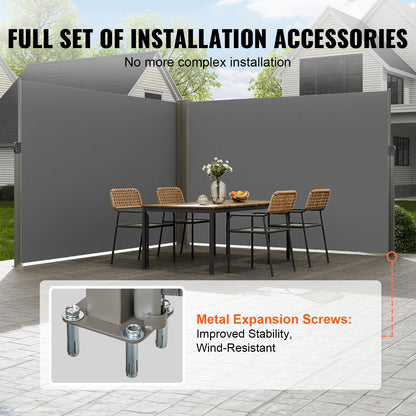 Utfällbar sidomarkis, 79''x 236'' utomhusskärm, 180g polyester vattentät utfällbar terrassskärm, UV 30+ rumsavdelare vindskydd för uteplats, bakgård, balkong, grå
