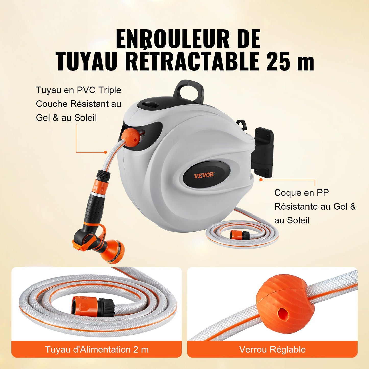 Retractable Hose Reel Water Hose Reel 25m x 1.3cm 180° Swivel Wall-Mounted