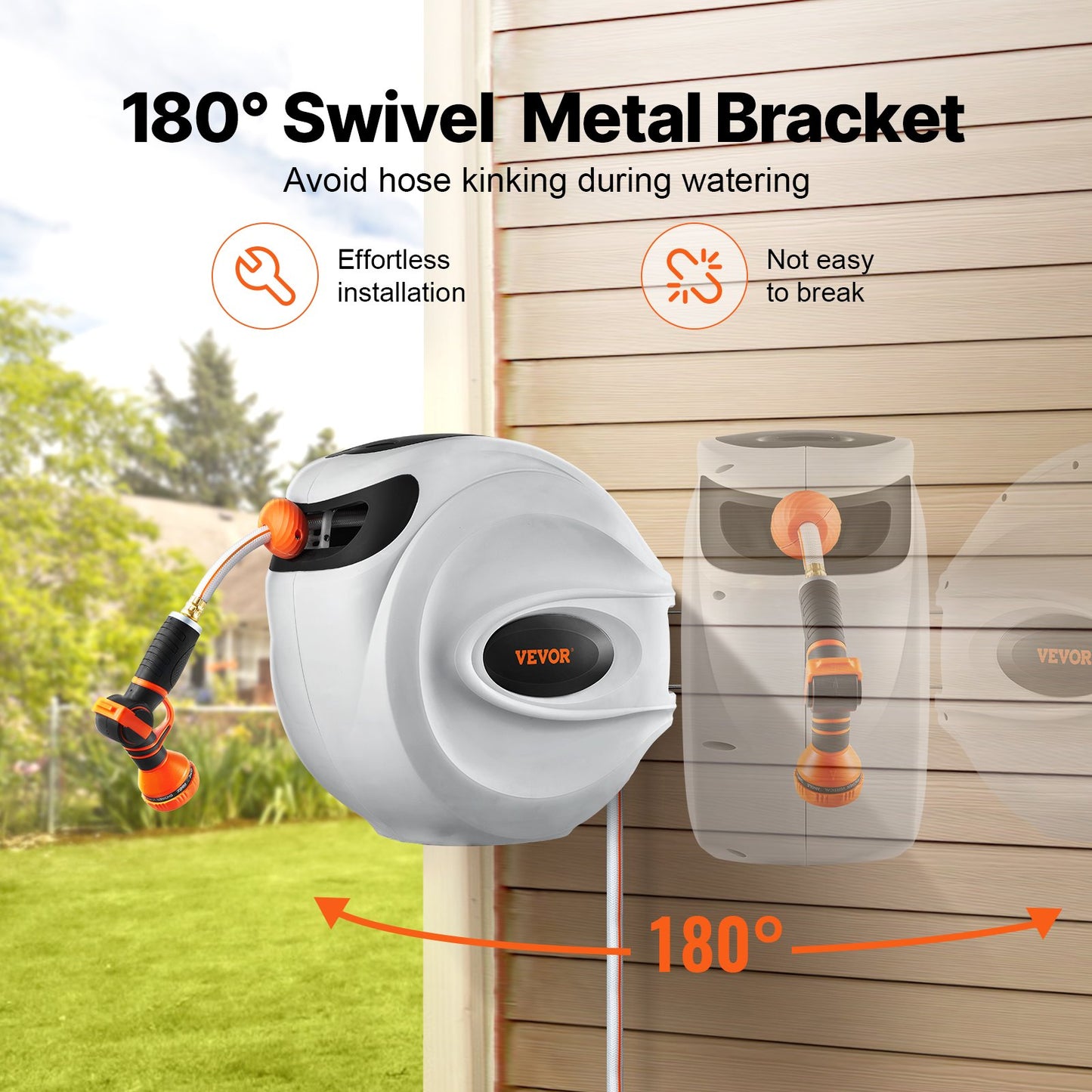 Indragbar trädgårdsslangvinda, 1/2" x 131,23 ft väggmonterad slangvinda, kraftig trädgårdsslangvinda med 9 mönstermunstycke, lås för valfri längd, automatiskt återupprullningssystem med långsam retur och 180° vridbart fäste