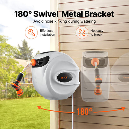Indragbar trädgårdsslangvinda, 1/2" x 131,23 ft väggmonterad slangvinda, kraftig trädgårdsslangvinda med 9 mönstermunstycke, lås för valfri längd, automatiskt återupprullningssystem med långsam retur och 180° vridbart fäste