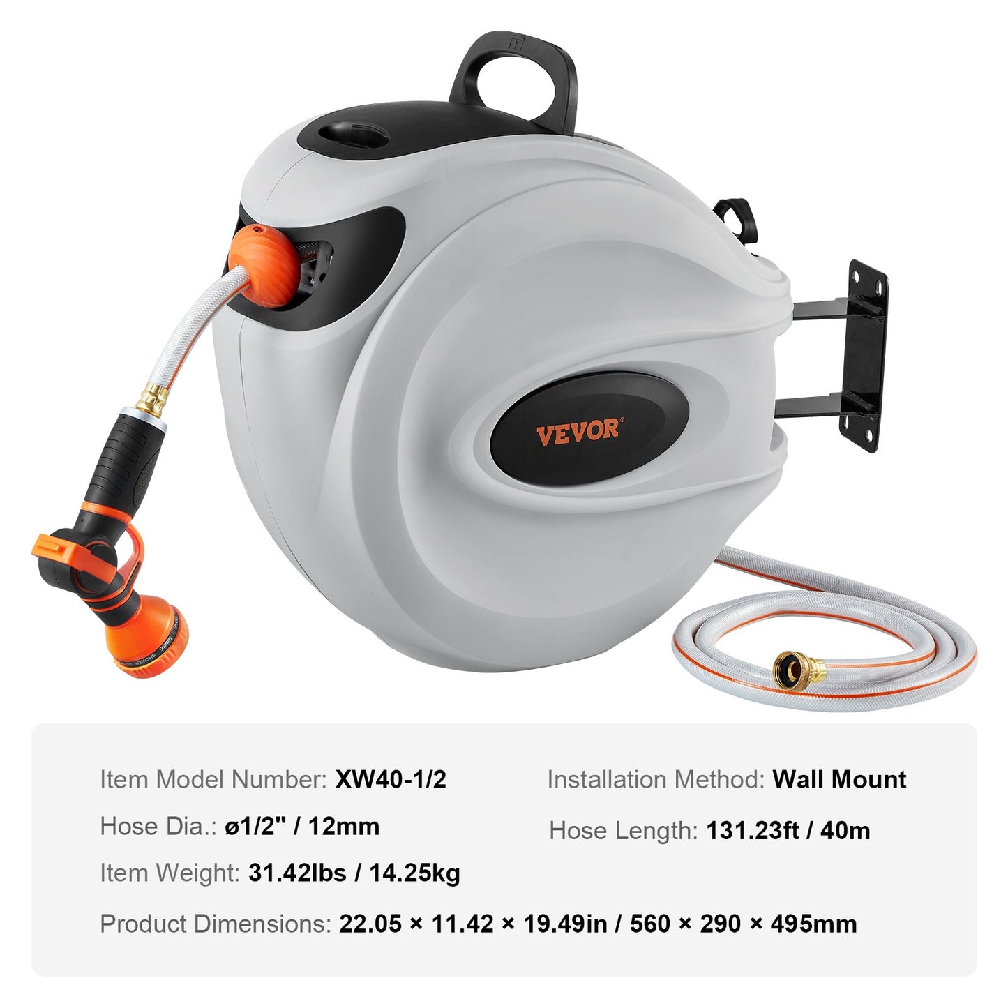 Indragbar trädgårdsslangvinda, 1/2" x 131,23 ft väggmonterad slangvinda, kraftig trädgårdsslangvinda med 9 mönstermunstycke, lås för valfri längd, automatiskt återupprullningssystem med långsam retur och 180° vridbart fäste