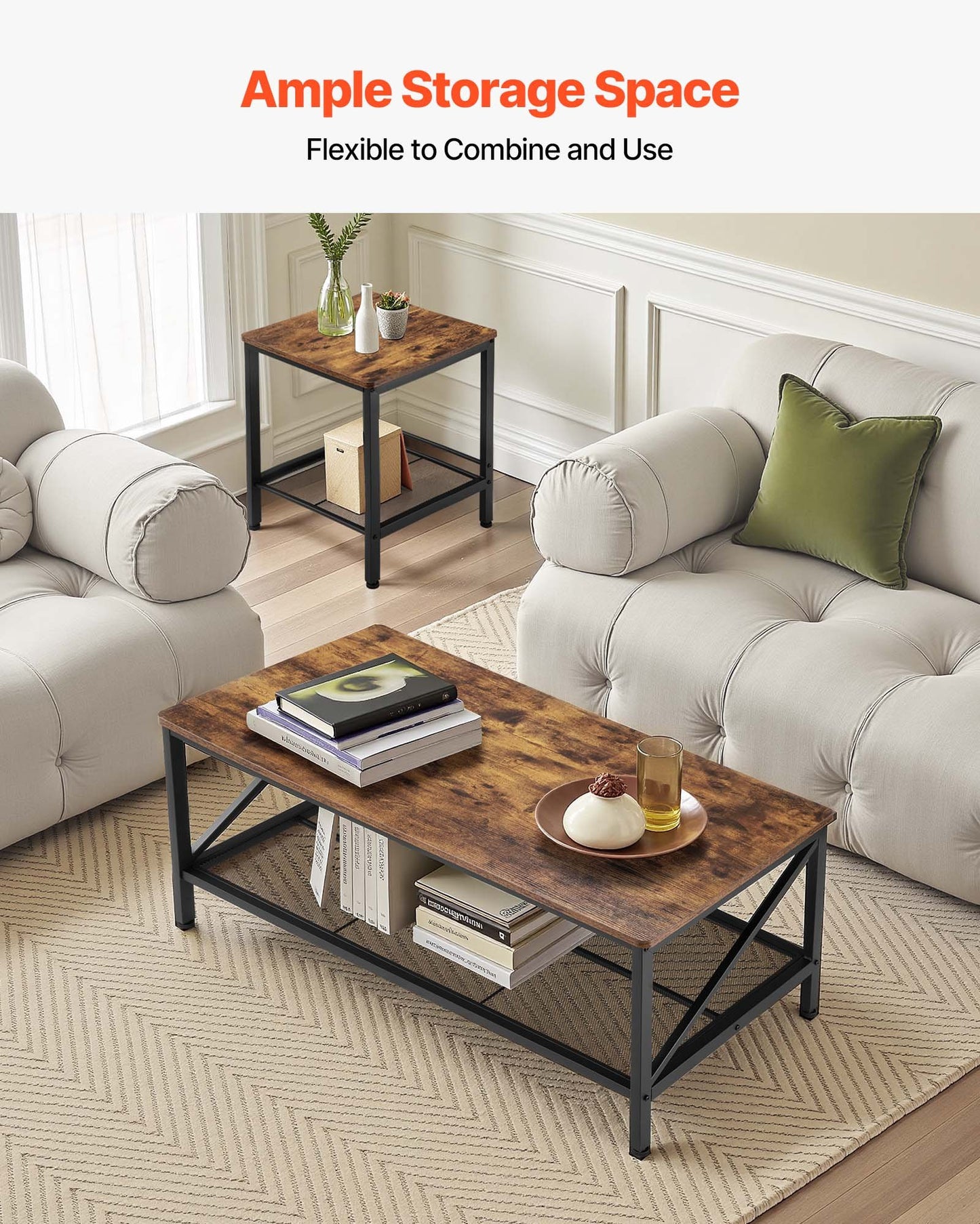 3 delar vardagsrumsbordsset, 105 cm industriellt soffbord med 2 fyrkantiga sidobord, lättmonterade soff- och sidobordsset med metallben, för kontor, vardagsrum och lägenhet