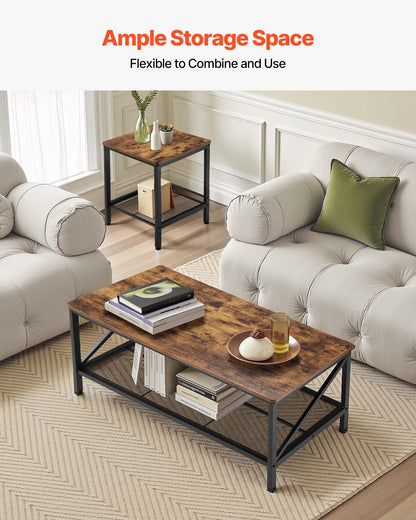 3 delar vardagsrumsbordsset, 105 cm industriellt soffbord med 2 fyrkantiga sidobord, lättmonterade soff- och sidobordsset med metallben, för kontor, vardagsrum och lägenhet