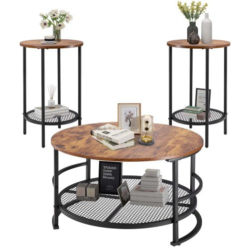 3 Pieces Round Coffee Table Sets, 80 cm Industrial Living Room Table with 2 End Side Tables, Easy Assembly Coffee and End Tables Sets with Metal Legs, for Office, Living Room and Apartment