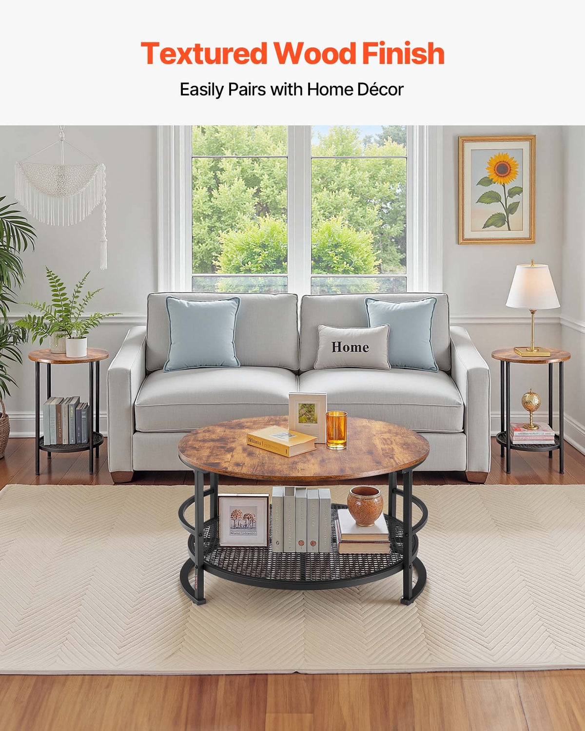 3 Pieces Round Coffee Table Sets, 80 cm Industrial Living Room Table with 2 End Side Tables, Easy Assembly Coffee and End Tables Sets with Metal Legs, for Office, Living Room and Apartment