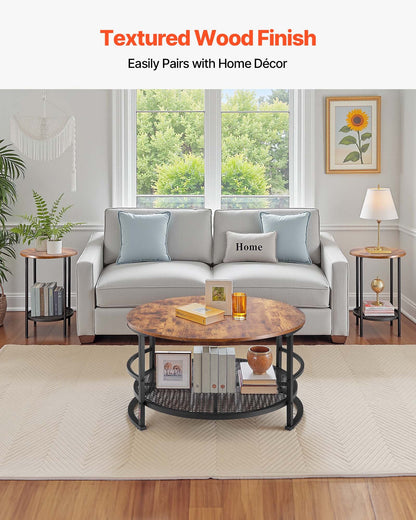 3 Pieces Round Coffee Table Sets, 80 cm Industrial Living Room Table with 2 End Side Tables, Easy Assembly Coffee and End Tables Sets with Metal Legs, for Office, Living Room and Apartment