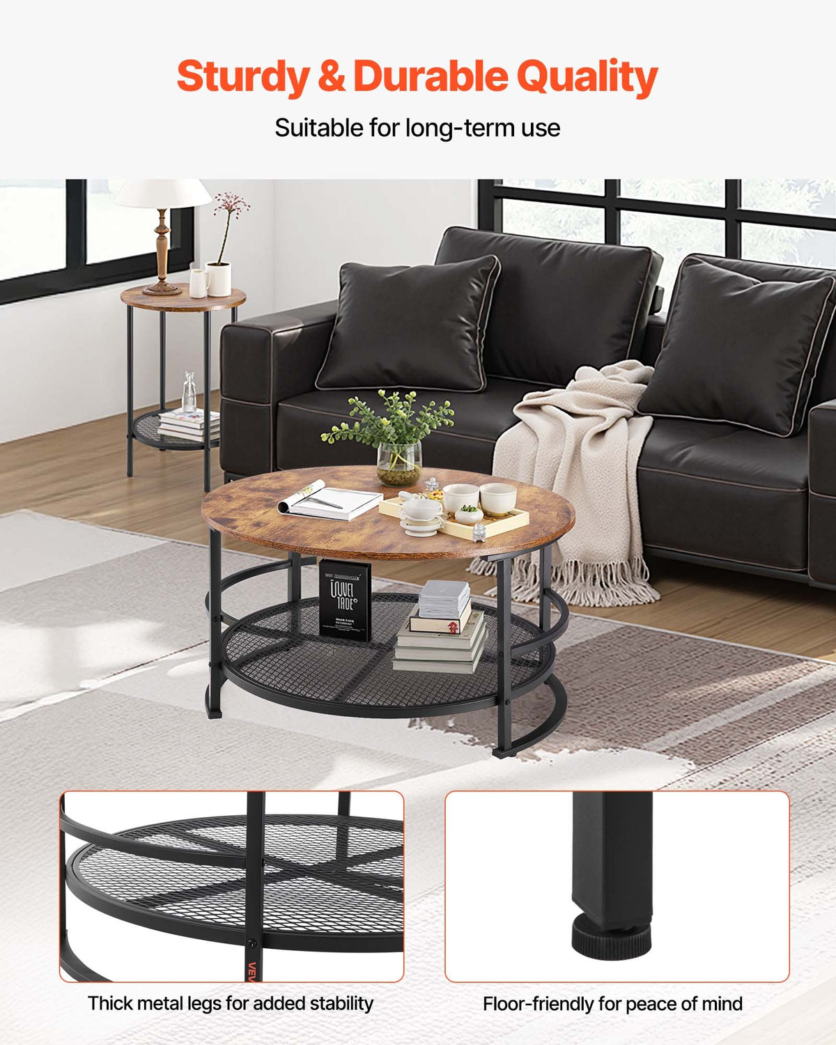 3 Pieces Round Coffee Table Sets, 80 cm Industrial Living Room Table with 2 End Side Tables, Easy Assembly Coffee and End Tables Sets with Metal Legs, for Office, Living Room and Apartment