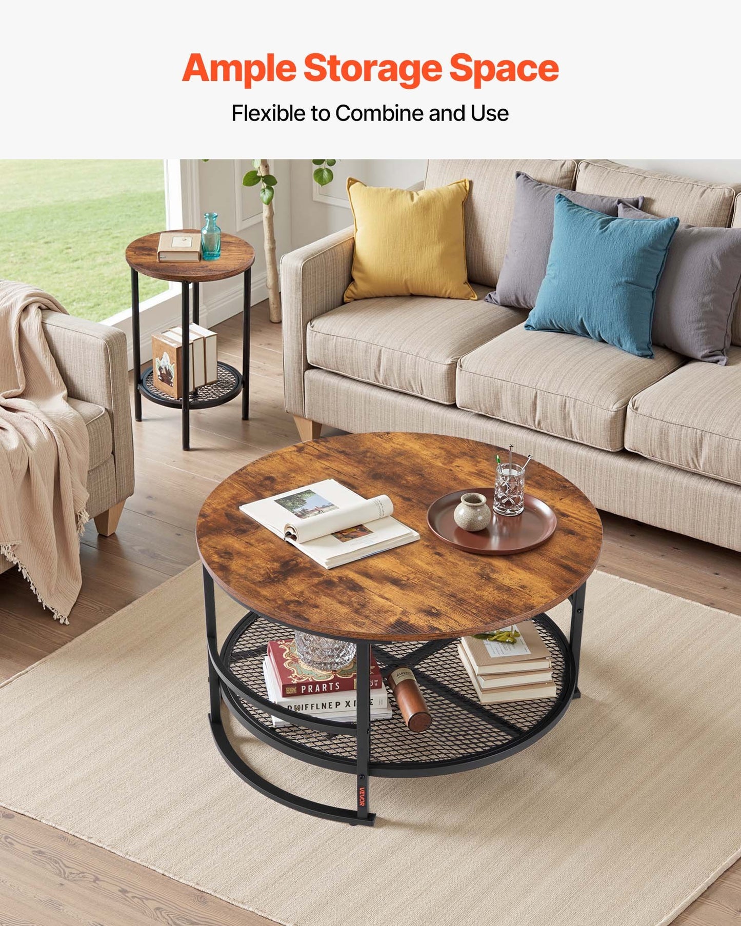 3 Pieces Round Coffee Table Sets, 80 cm Industrial Living Room Table with 2 End Side Tables, Easy Assembly Coffee and End Tables Sets with Metal Legs, for Office, Living Room and Apartment