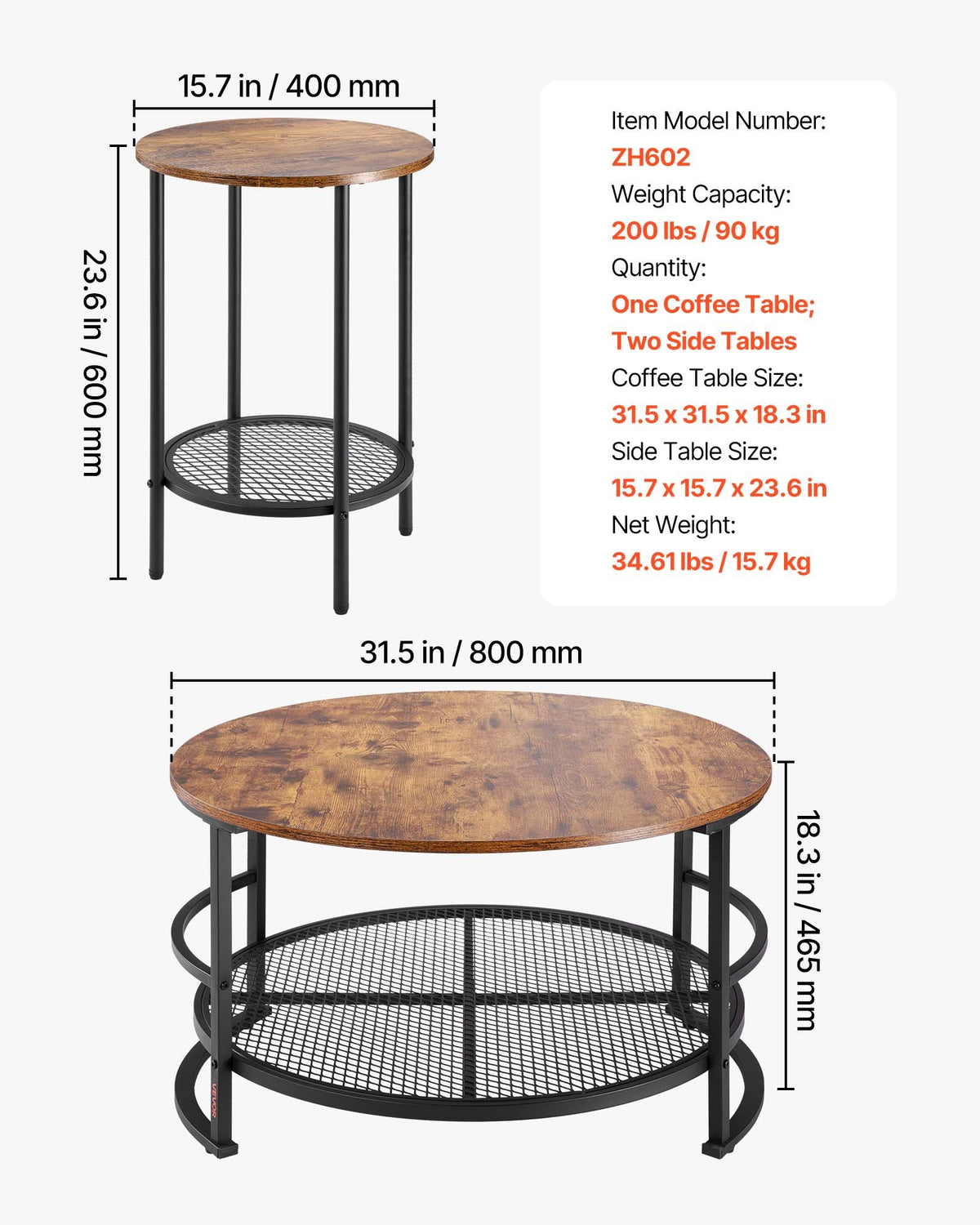 3 Pieces Round Coffee Table Sets, 80 cm Industrial Living Room Table with 2 End Side Tables, Easy Assembly Coffee and End Tables Sets with Metal Legs, for Office, Living Room and Apartment