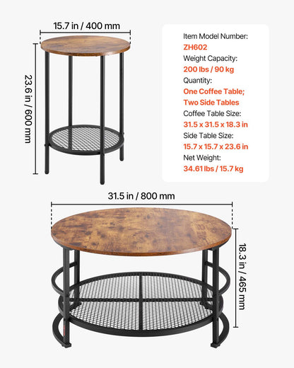 3 Pieces Round Coffee Table Sets, 80 cm Industrial Living Room Table with 2 End Side Tables, Easy Assembly Coffee and End Tables Sets with Metal Legs, for Office, Living Room and Apartment