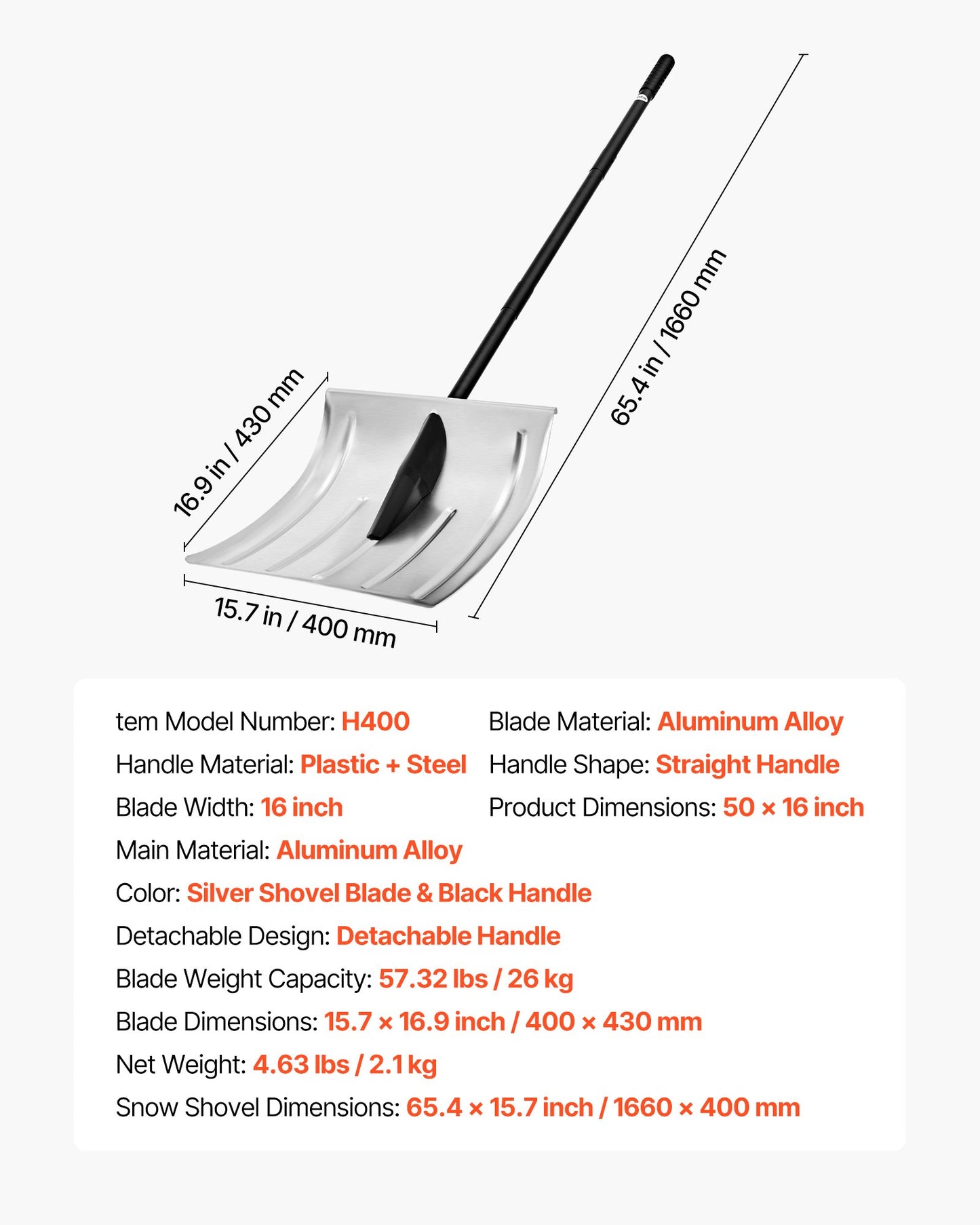 Snöskyffel för uppfart, 40 cm bred snöskyffel i aluminiumlegering, halkfritt grepp, snöplogsskyfflar med stor kapacitet, avtagbart och lätt snöborttagningsverktyg för trädgård, bil, camping, utomhusbruk
