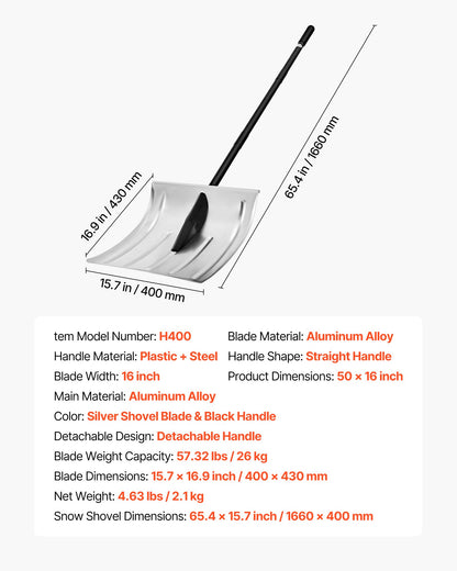 Snöskyffel för uppfart, 40 cm bred snöskyffel i aluminiumlegering, halkfritt grepp, snöplogsskyfflar med stor kapacitet, avtagbart och lätt snöborttagningsverktyg för trädgård, bil, camping, utomhusbruk