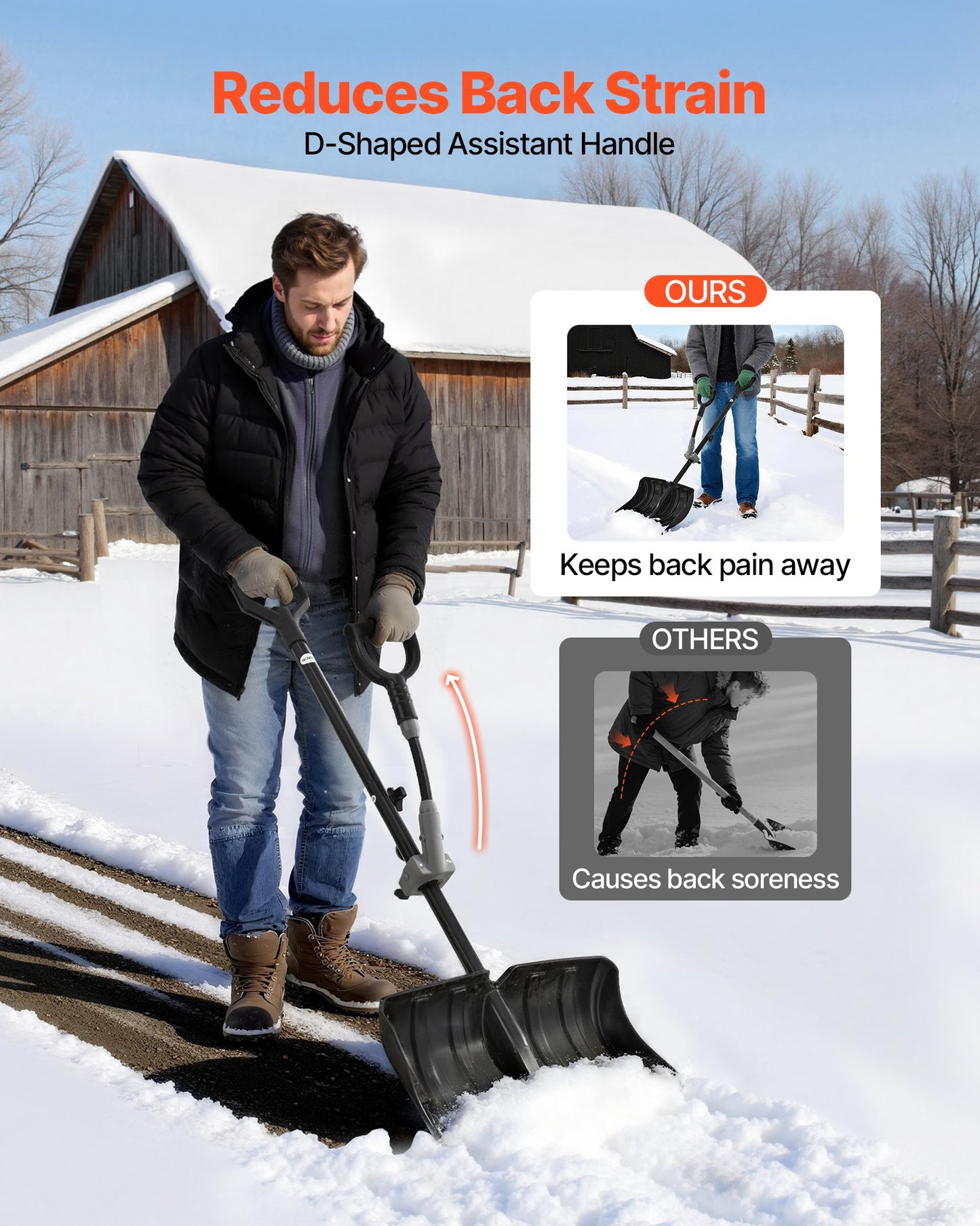 Snöskyffel för uppfart, 45,5 cm bred snöskyffel med D-formade handtag, halkfritt grepp, snöplogsskyfflar med stor kapacitet, lätt snöborttagningsverktyg för trädgård, bil, camping, utomhusbruk