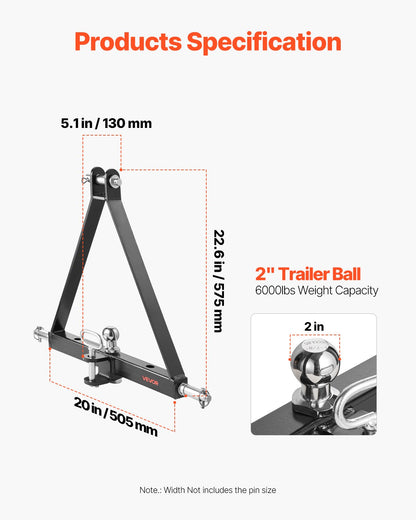 3 Point Hitch Receiver with 2 in Receiver, 3pt Quick Hitch Attachment, 6,000 lbs Capacity, Heavy Duty Tractor Tow Drawbar Adapter, Compatible with Kubota, Mahindra, John Deere, Massey Ferguson