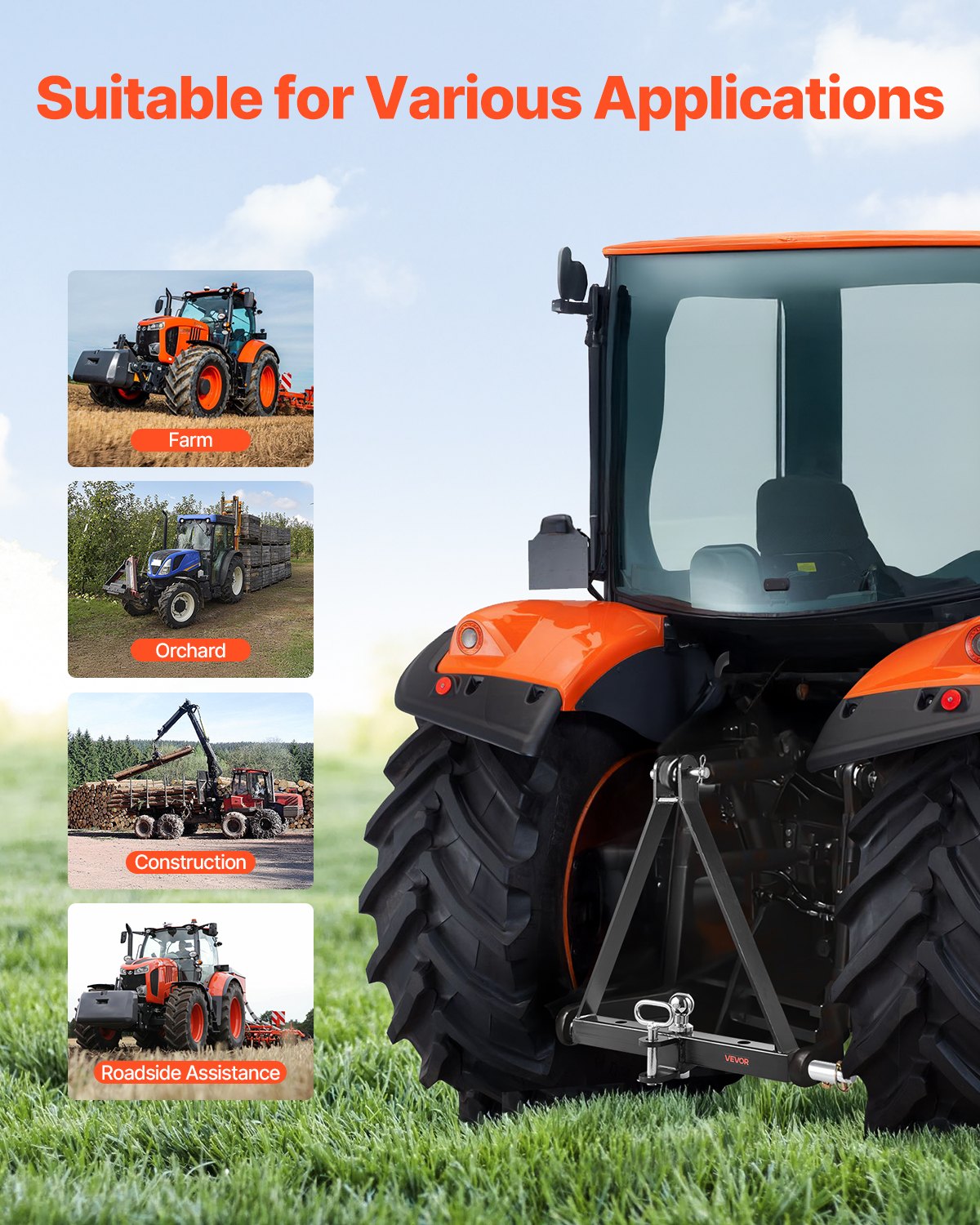 3 Point Hitch Receiver with 2 in Receiver, 3pt Quick Hitch Attachment, 6,000 lbs Capacity, Heavy Duty Tractor Tow Drawbar Adapter, Compatible with Kubota, Mahindra, John Deere, Massey Ferguson