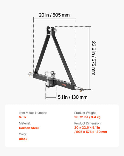 3 Point Hitch Receiver with 2 in Receiver, 3pt Quick Hitch Attachment, 6,000 lbs Capacity, Heavy Duty Tractor Tow Drawbar Adapter, Compatible with Kubota, Mahindra, John Deere, Massey Ferguson