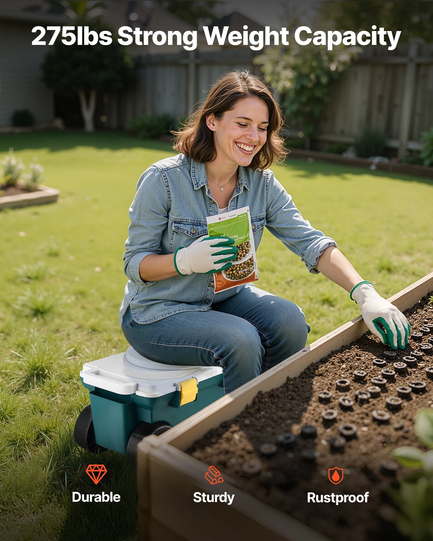 Garden Scooter with Seat, 2 in 1 Rolling Garden Cart with Storage Bin, Supports up to 123kg, Outdoor Wagon with Handle, Lightweight Storage Gardening Stool for Yard Weeding Planting