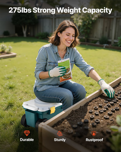 Garden Scooter with Seat, 2 in 1 Rolling Garden Cart with Storage Bin, Supports up to 123kg, Outdoor Wagon with Handle, Lightweight Storage Gardening Stool for Yard Weeding Planting