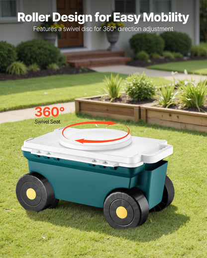 Garden Scooter with Seat, 2 in 1 Rolling Garden Cart with Storage Bin, Supports up to 123kg, Outdoor Wagon with Handle, Lightweight Storage Gardening Stool for Yard Weeding Planting