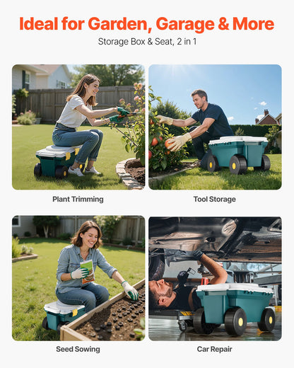 Garden Scooter with Seat, 2 in 1 Rolling Garden Cart with Storage Bin, Supports up to 123kg, Outdoor Wagon with Handle, Lightweight Storage Gardening Stool for Yard Weeding Planting