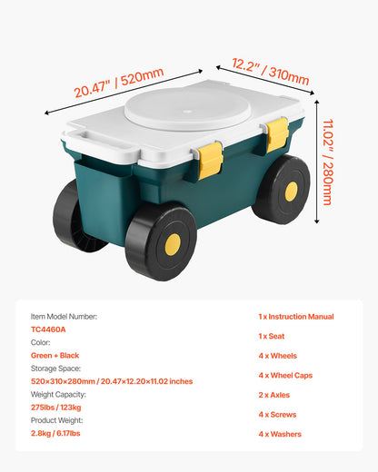Trädgårdsscooter med säte, 2-i-1 rullande trädgårdsvagn med förvaringsbehållare, stöder upp till 123 kg, utomhusvagn med handtag, lätt förvaringspall för trädgårdsrensning och plantering