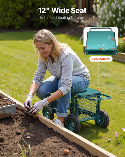 Rolling Garden Cart with Seat, Metal Rolling Garden Work Seat with Wheels, Supports up to 181 kg, Heavy Duty Gardening Cart Scooter, Outdoor Wagon & Stool on Wheels for Lawn, Patio, Backyard